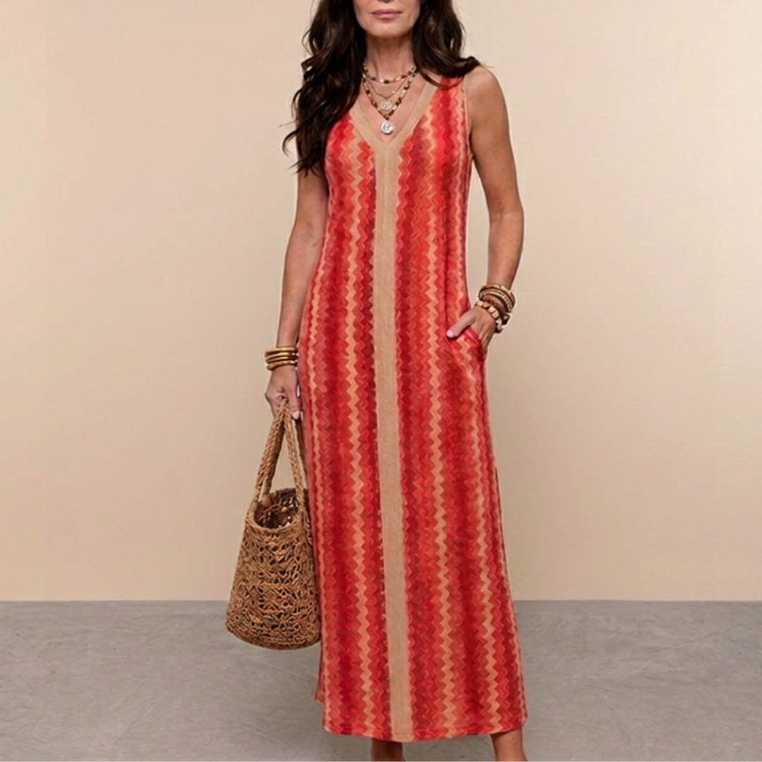 Maxi Zigzag Shimmer Dress - Pink/Beige