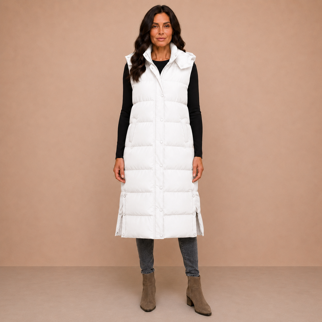 Women's Puffer Vest Quilted Hooded Maxi Length Button Down