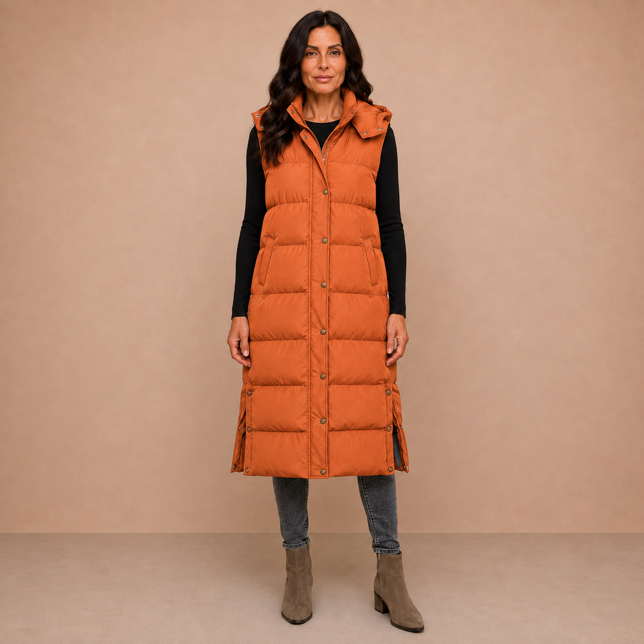 Women's Puffer Vest Quilted Hooded Maxi Length Button Down