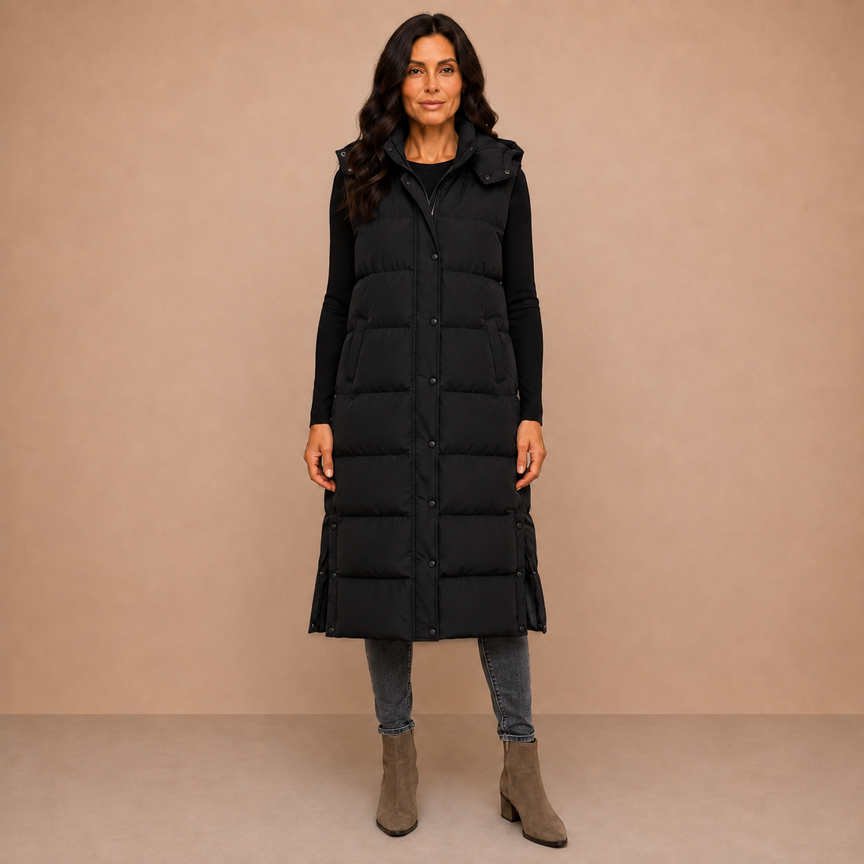 Women's Puffer Vest Quilted Hooded Maxi Length Button Down