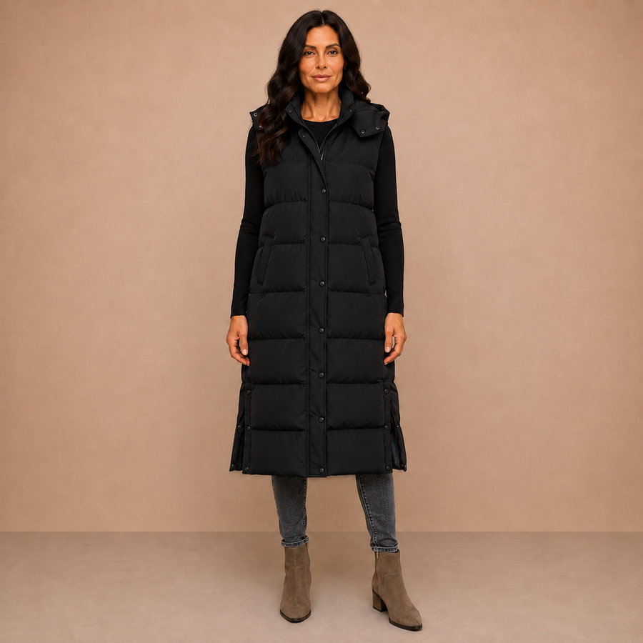 Women's Puffer Vest Quilted Hooded Maxi Length Button Down