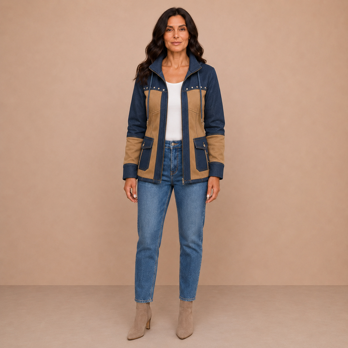 Adriana | Navy & Camel Hooded Jacket