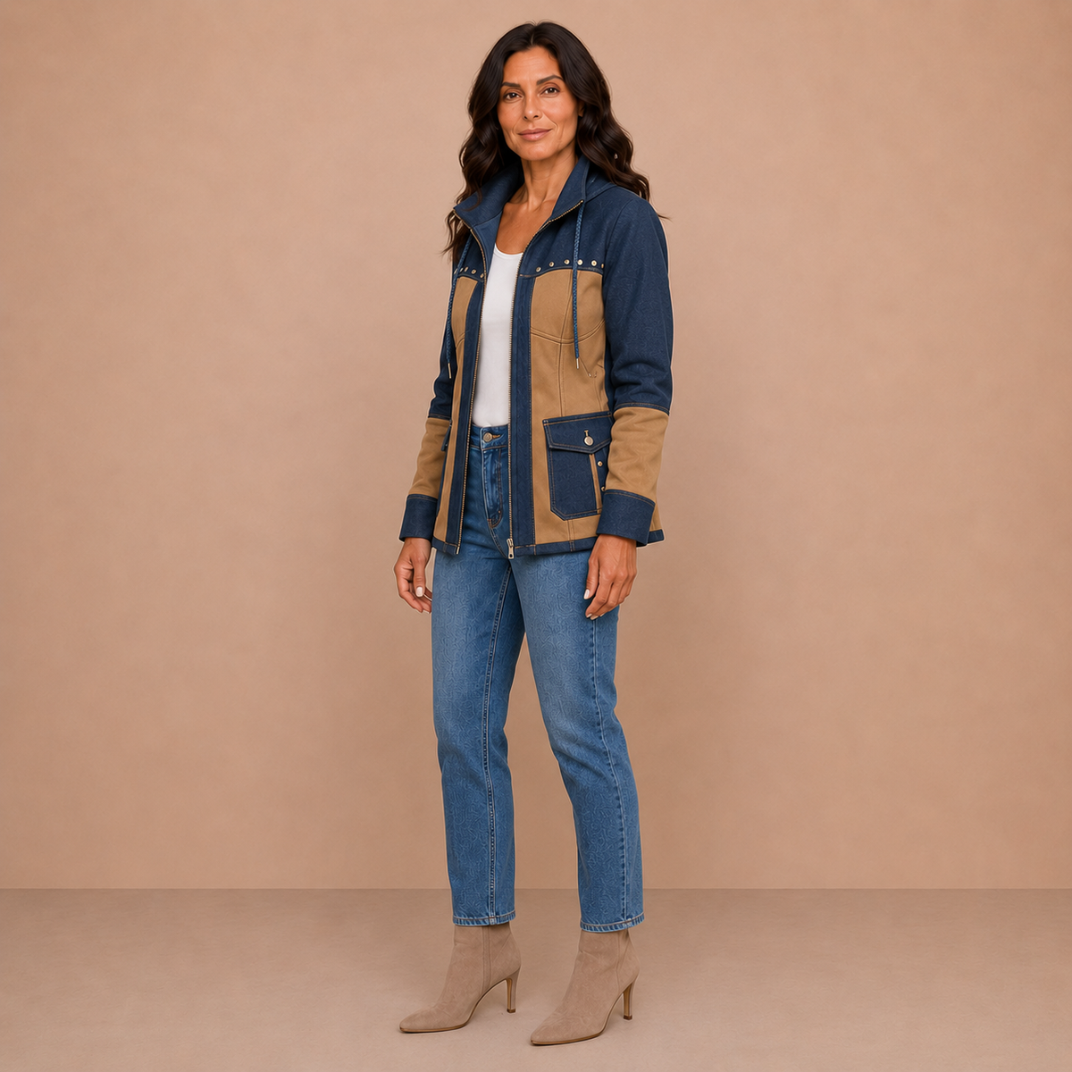Adriana | Navy & Camel Hooded Jacket