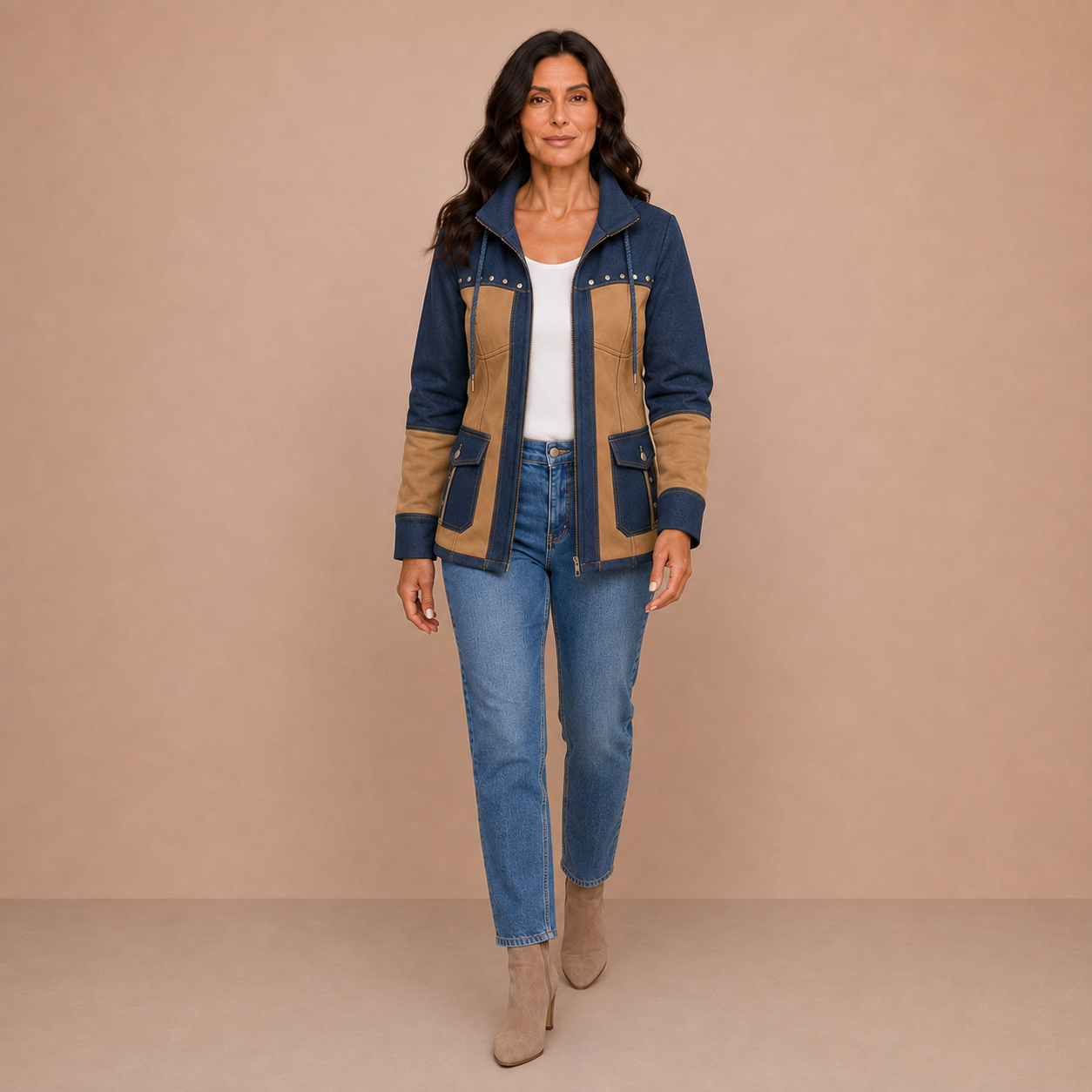 Adriana | Navy & Camel Hooded Jacket