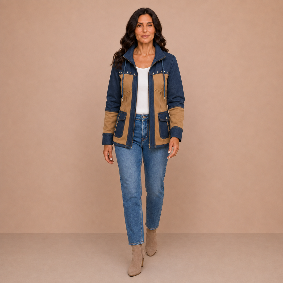 Adriana | Navy & Camel Hooded Jacket