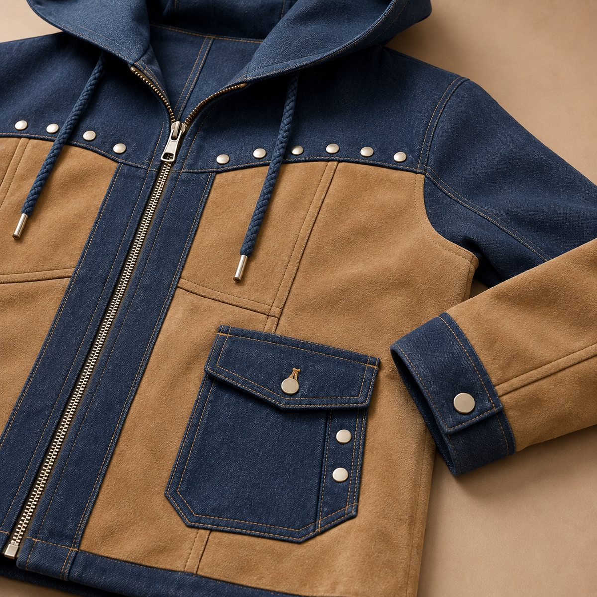 Adriana | Navy & Camel Hooded Jacket