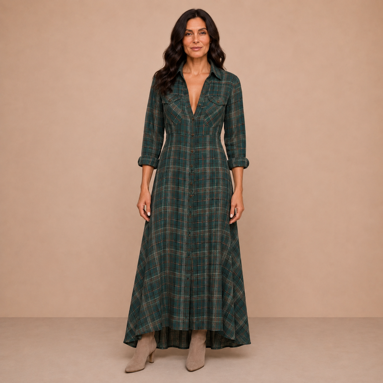Green Plaid Lapel Single-Breasted Shirt Long Dress
