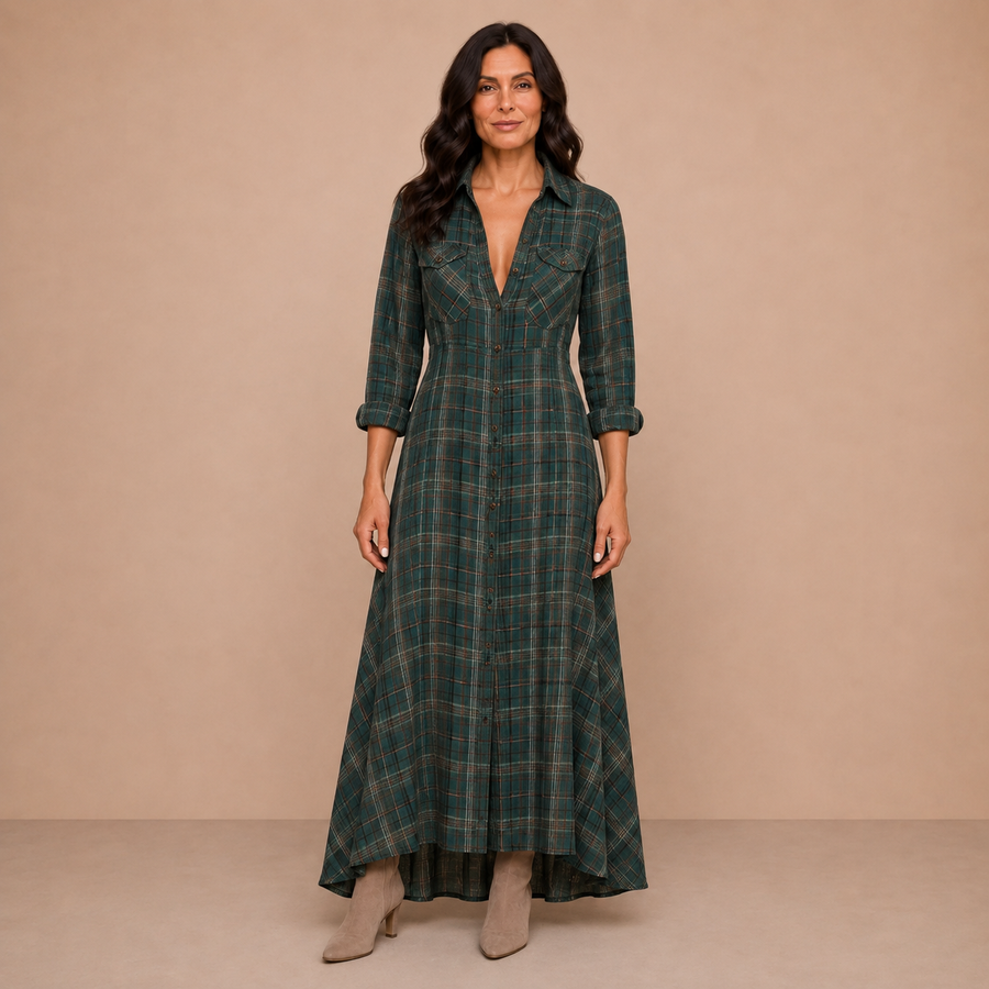 Green Plaid Lapel Single-Breasted Shirt Long Dress