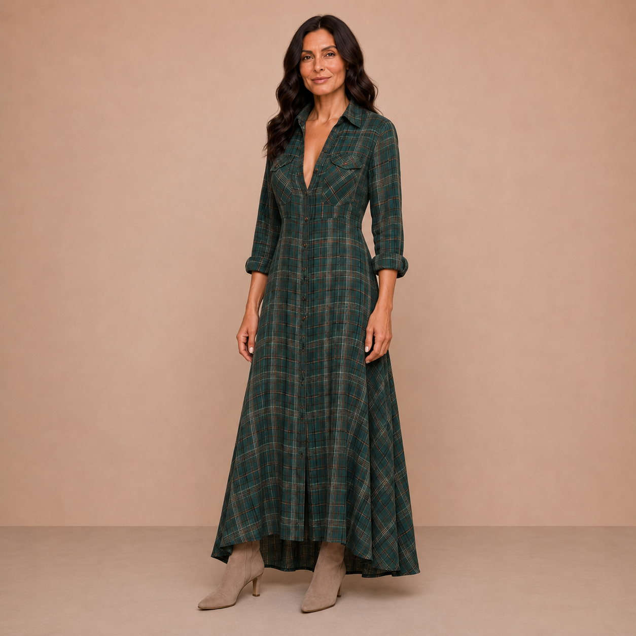 Green Plaid Lapel Single-Breasted Shirt Long Dress