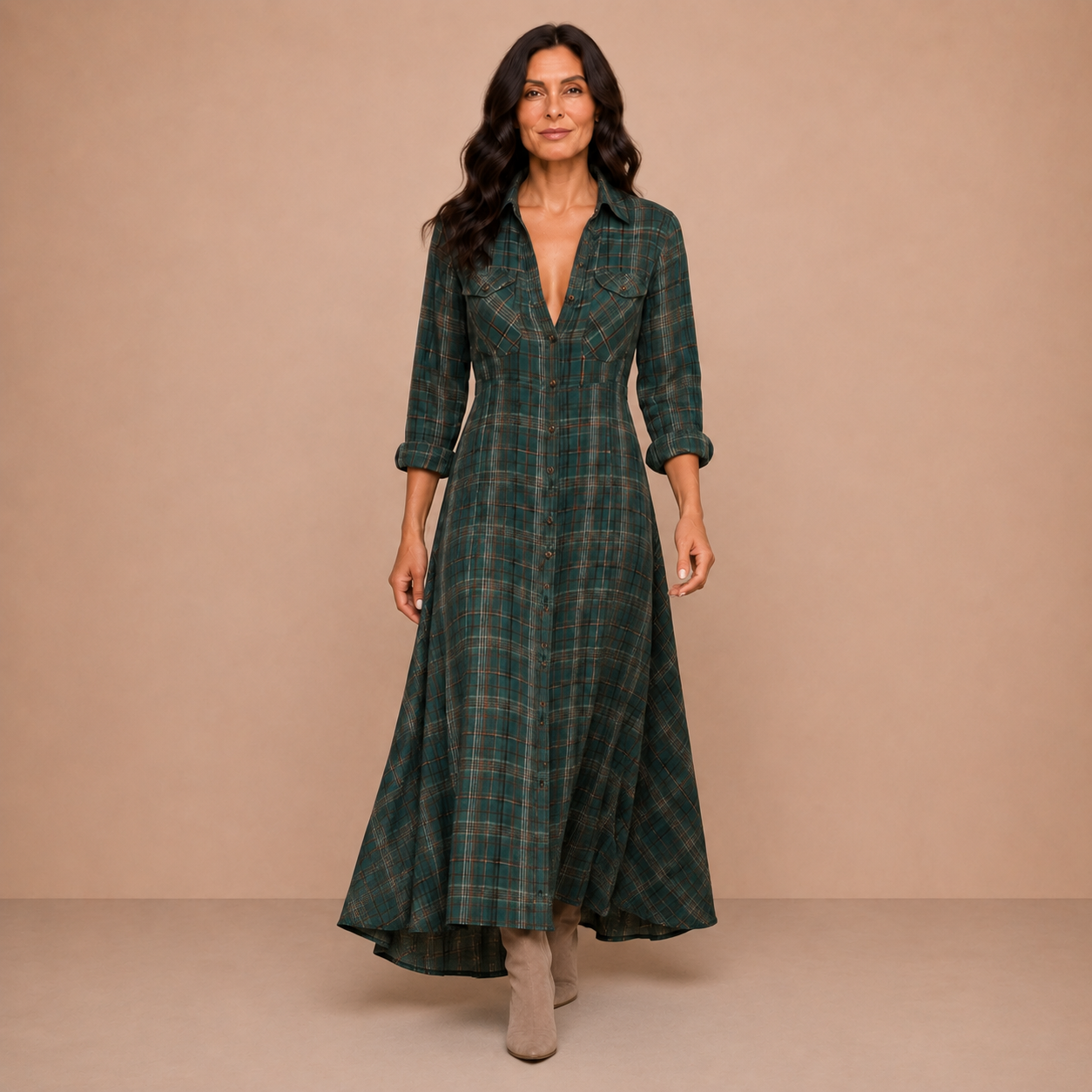 Green Plaid Lapel Single-Breasted Shirt Long Dress