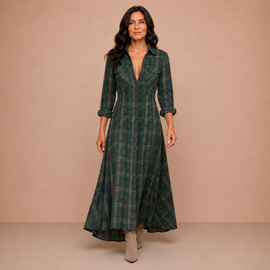 Green Plaid Lapel Single-Breasted Shirt Long Dress