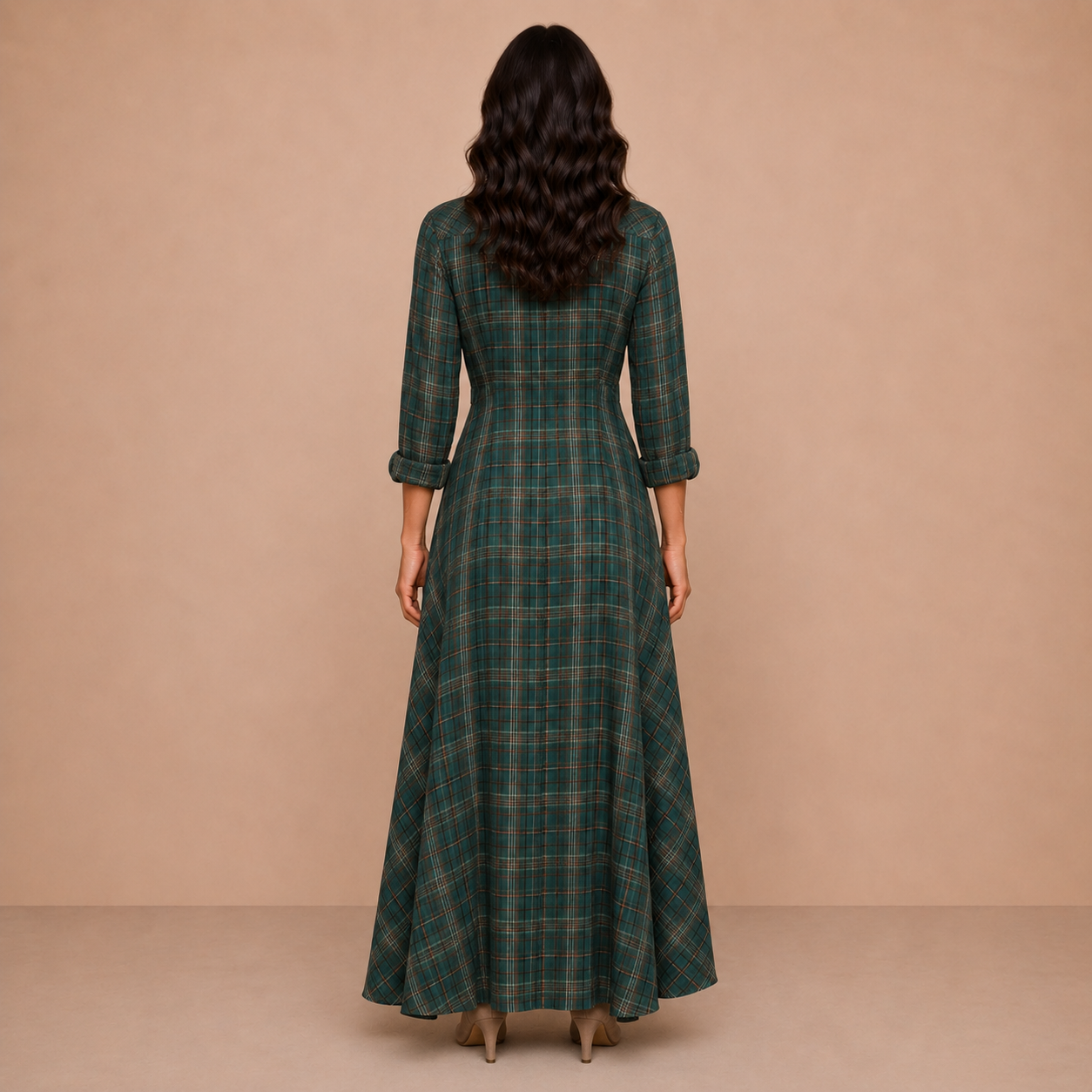 Green Plaid Lapel Single-Breasted Shirt Long Dress