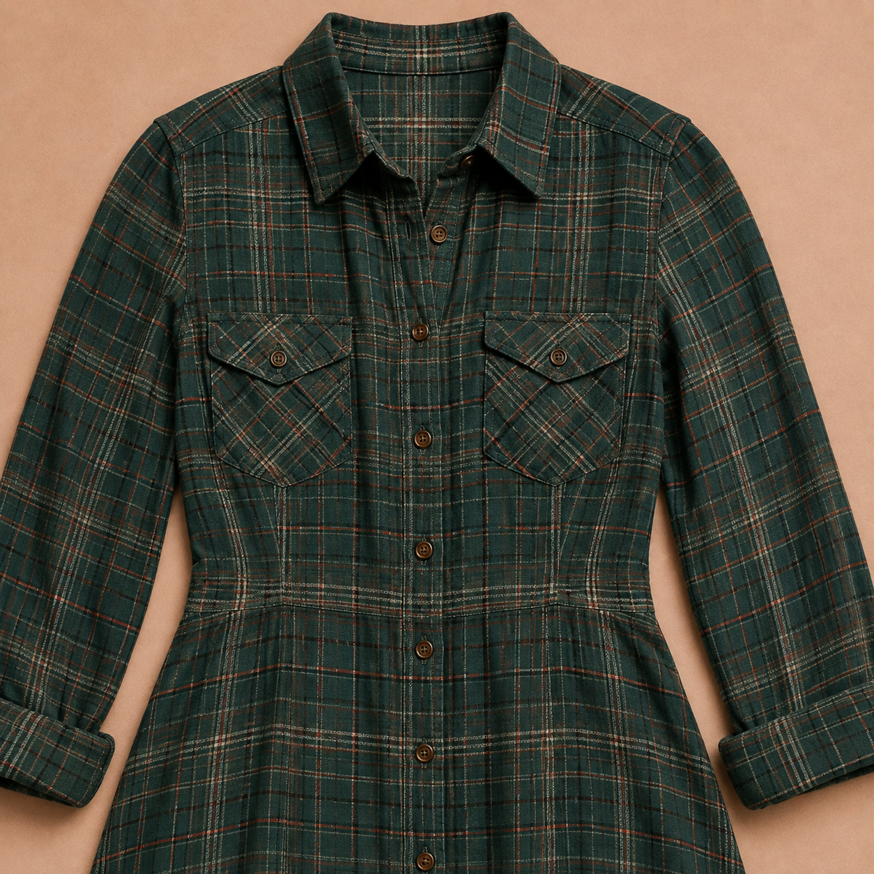 Green Plaid Lapel Single-Breasted Shirt Long Dress