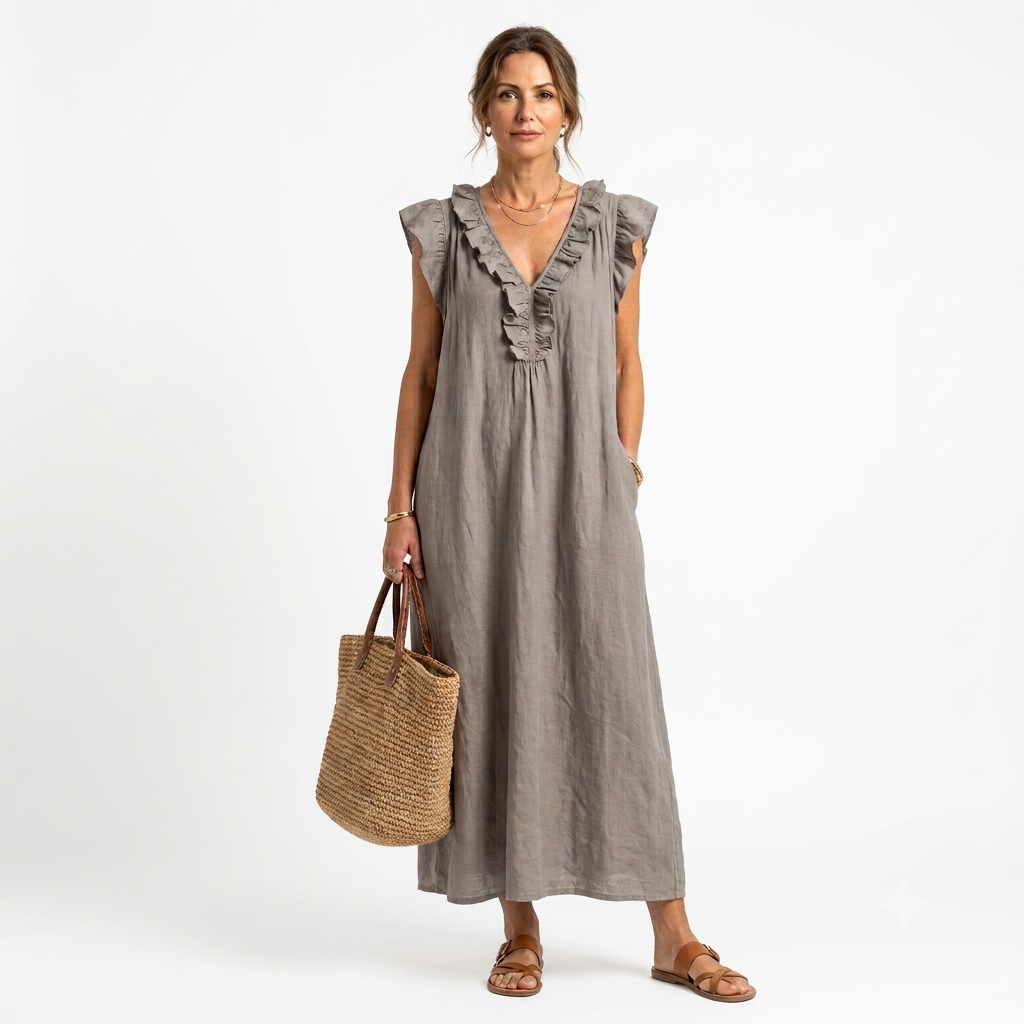 Josette | Ruffle V-Neck Linen Maxi Dress