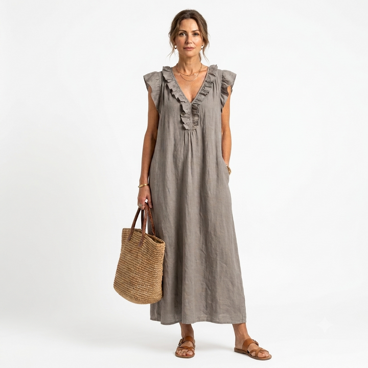 Josette | Ruffle V-Neck Linen Maxi Dress