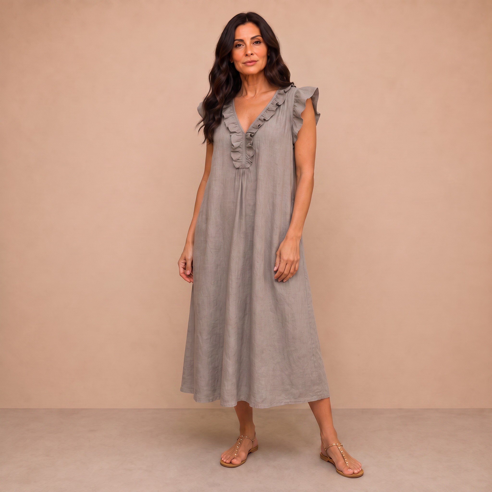 Josette | Ruffle V-Neck Linen Maxi Dress