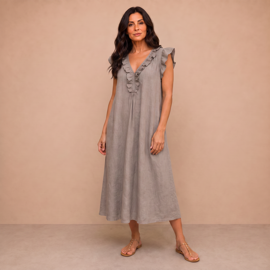 Josette | Ruffle V-Neck Linen Maxi Dress