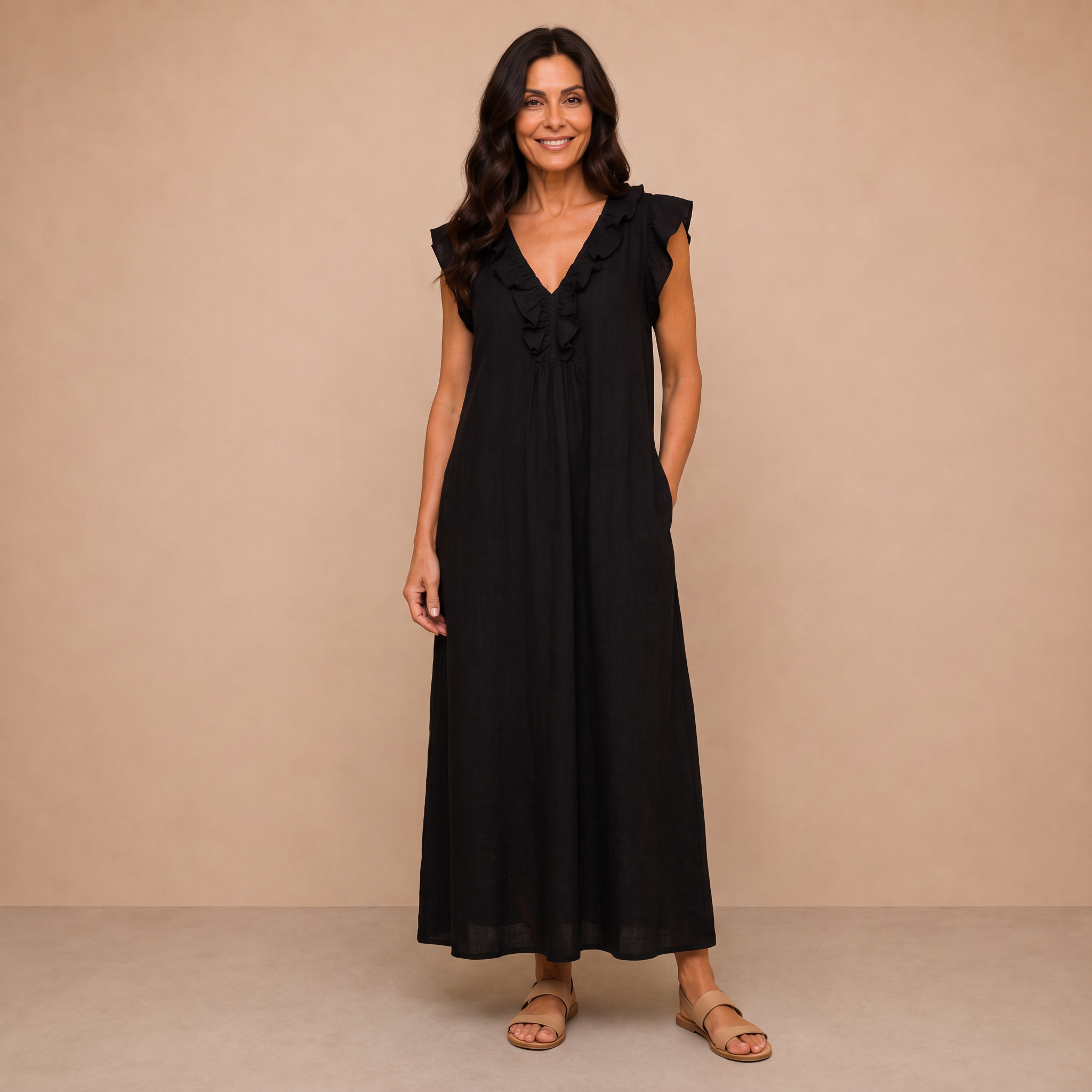 Josette | Ruffle V-Neck Linen Maxi Dress