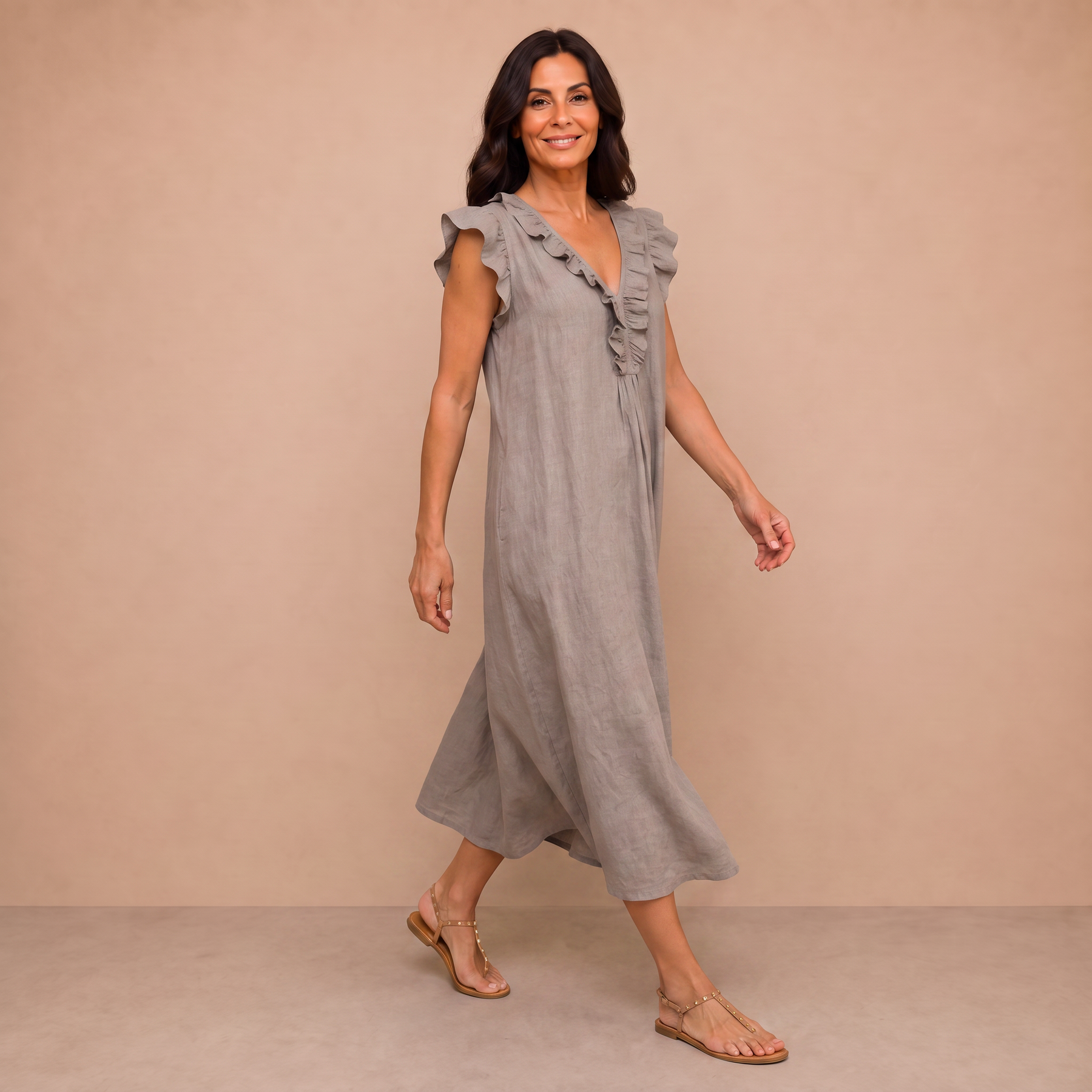 Josette | Ruffle V-Neck Linen Maxi Dress