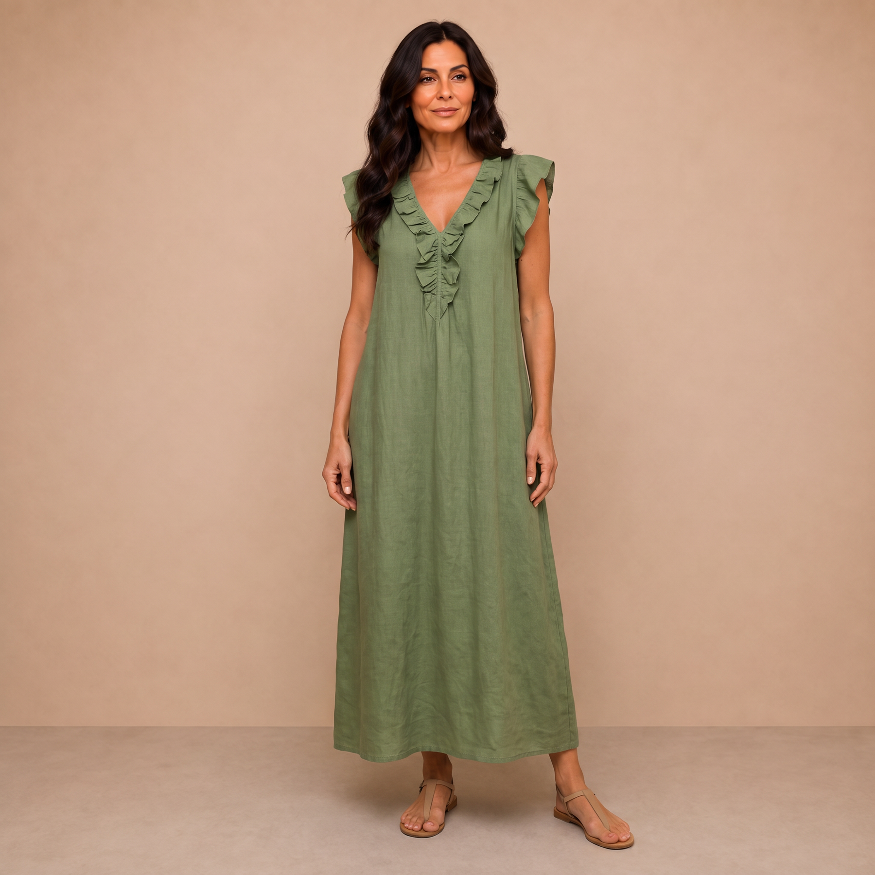 Josette | Ruffle V-Neck Linen Maxi Dress