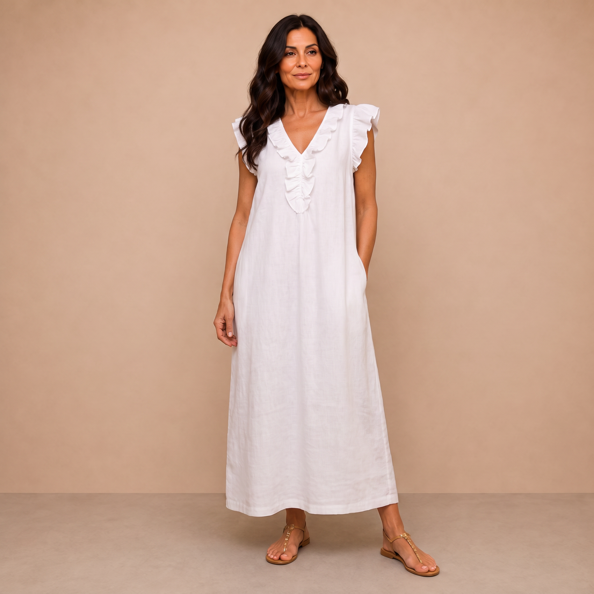 Josette | Ruffle V-Neck Linen Maxi Dress