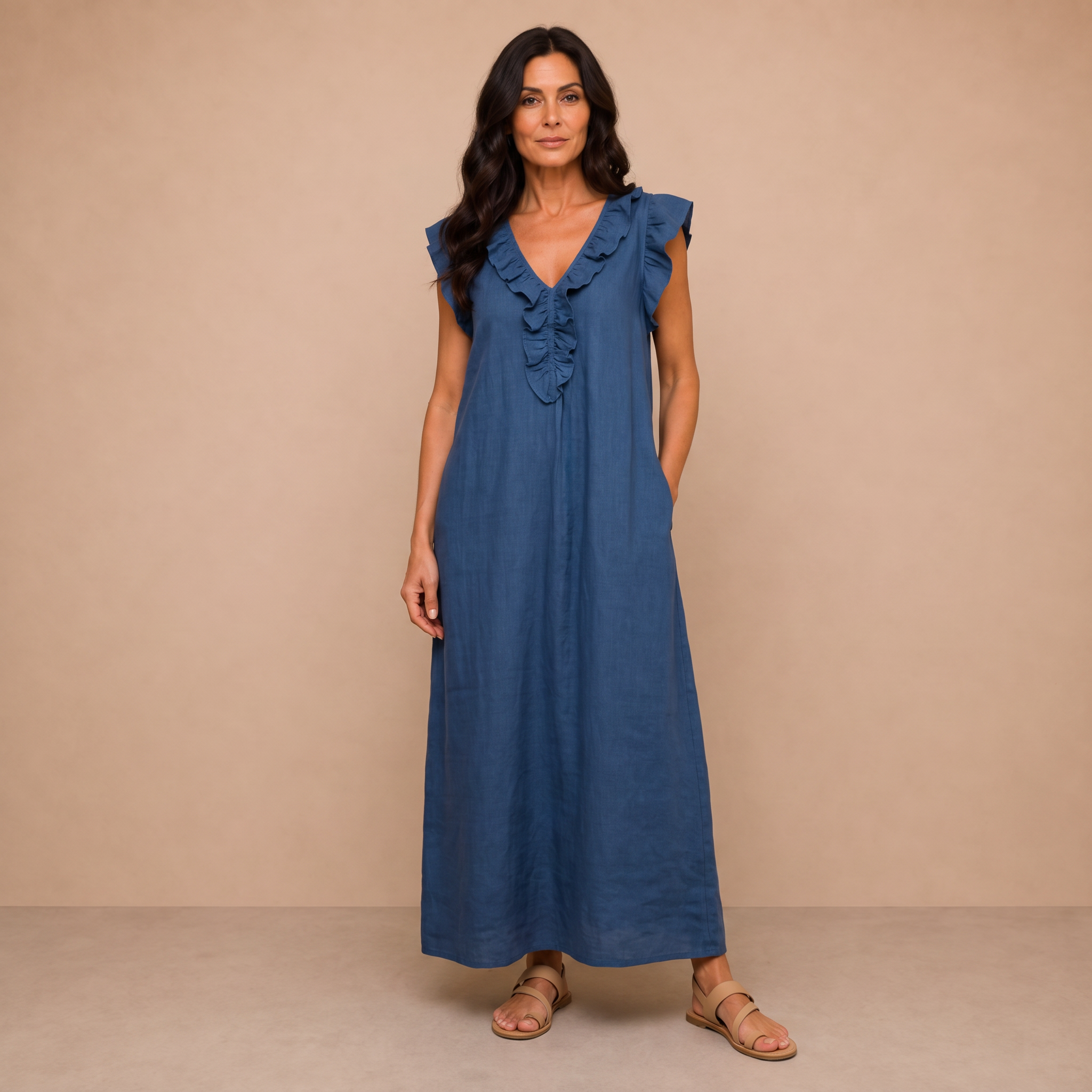 Josette | Ruffle V-Neck Linen Maxi Dress