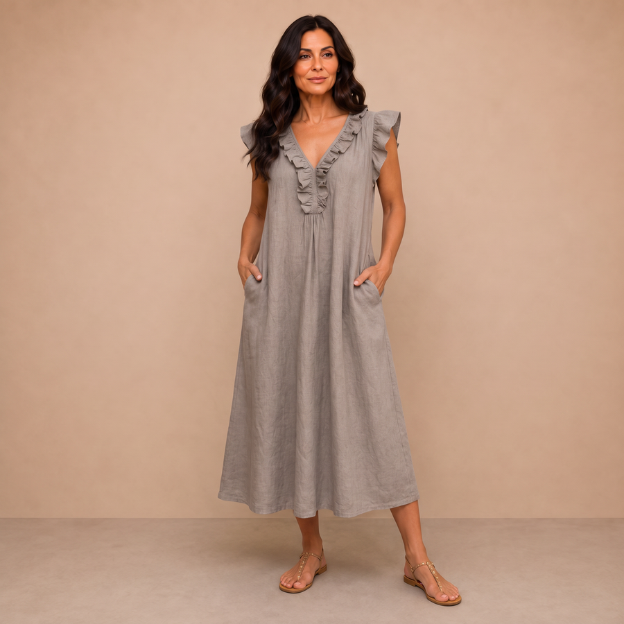 Josette | Ruffle V-Neck Linen Maxi Dress