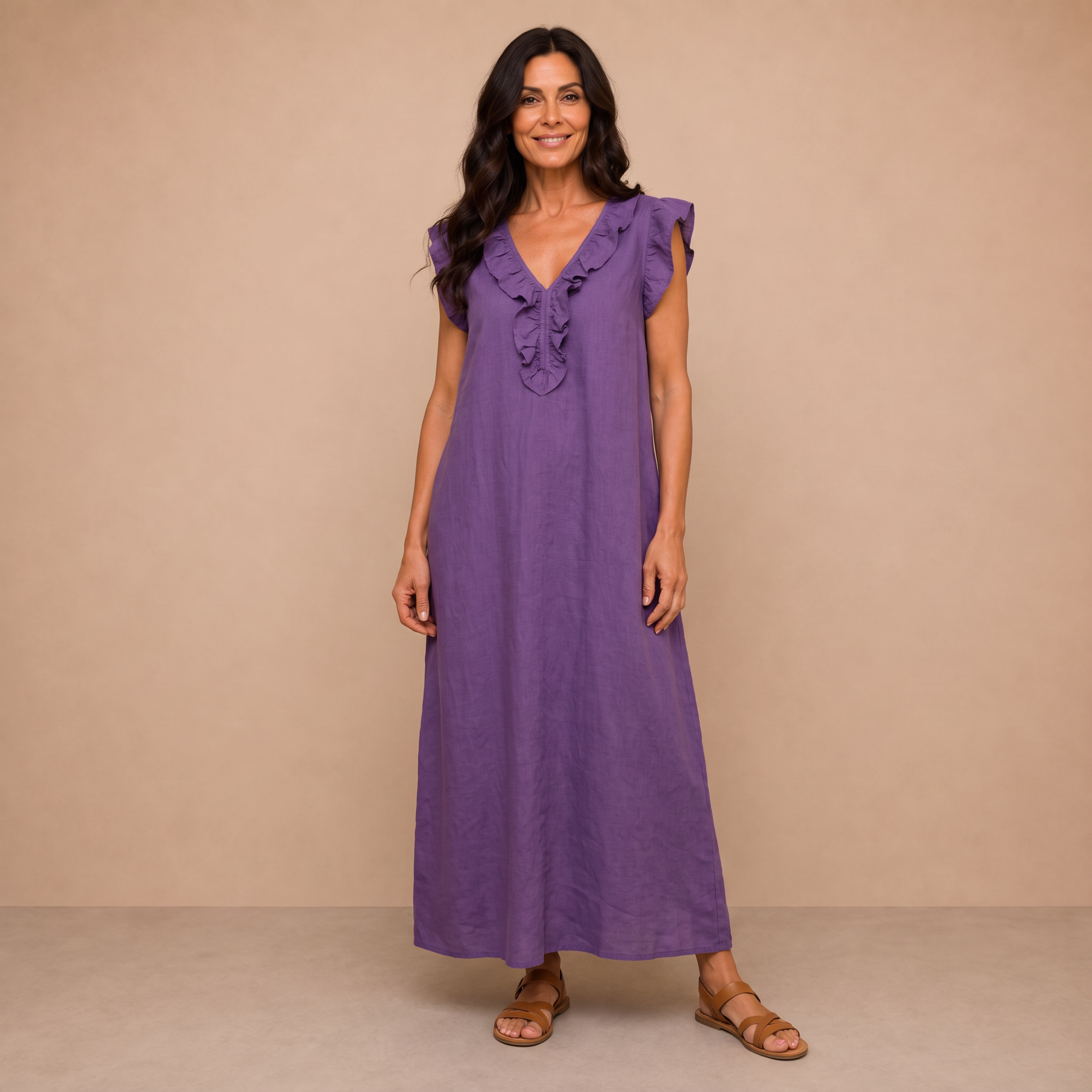 Josette | Ruffle V-Neck Linen Maxi Dress