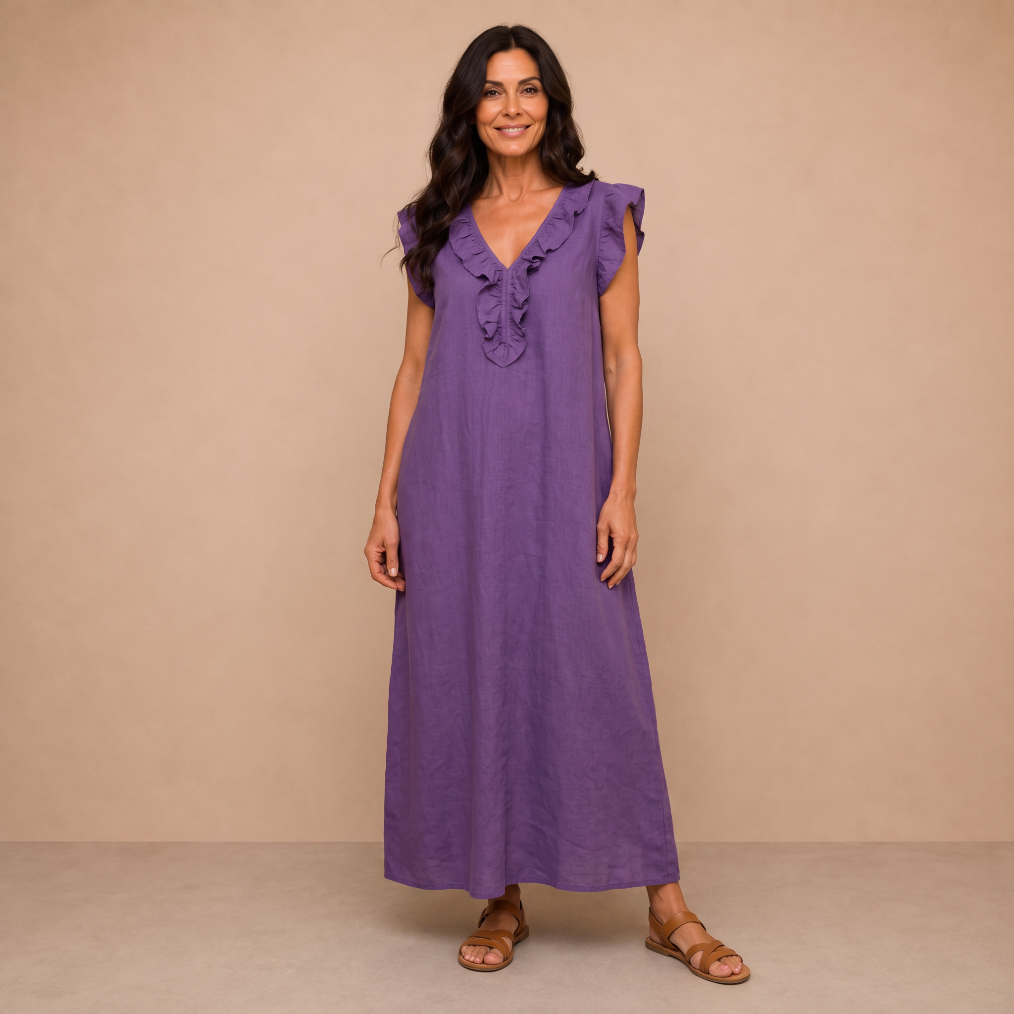 Josette | Ruffle V-Neck Linen Maxi Dress